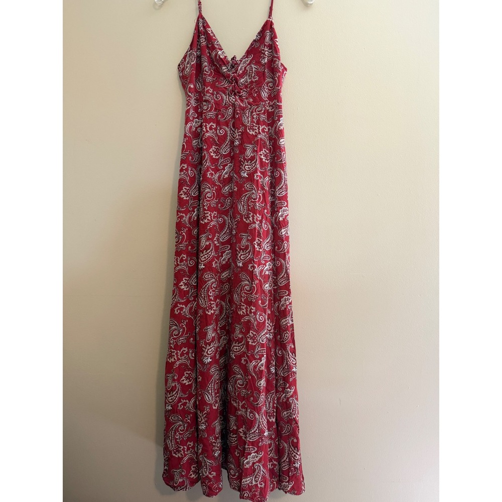 Forever 21 Womens M Red Paisley Maxi Dress Boho Y2K Lace Up Spaghetti Strap